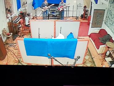 Overhead view of live band recording session